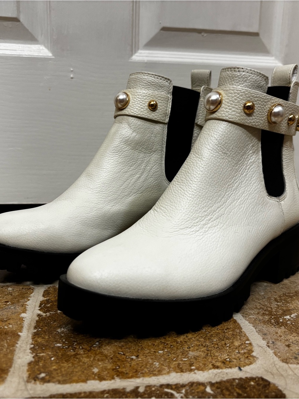 Karl Lagerfeld White Ankle Boots with Pearl & Gold Studs